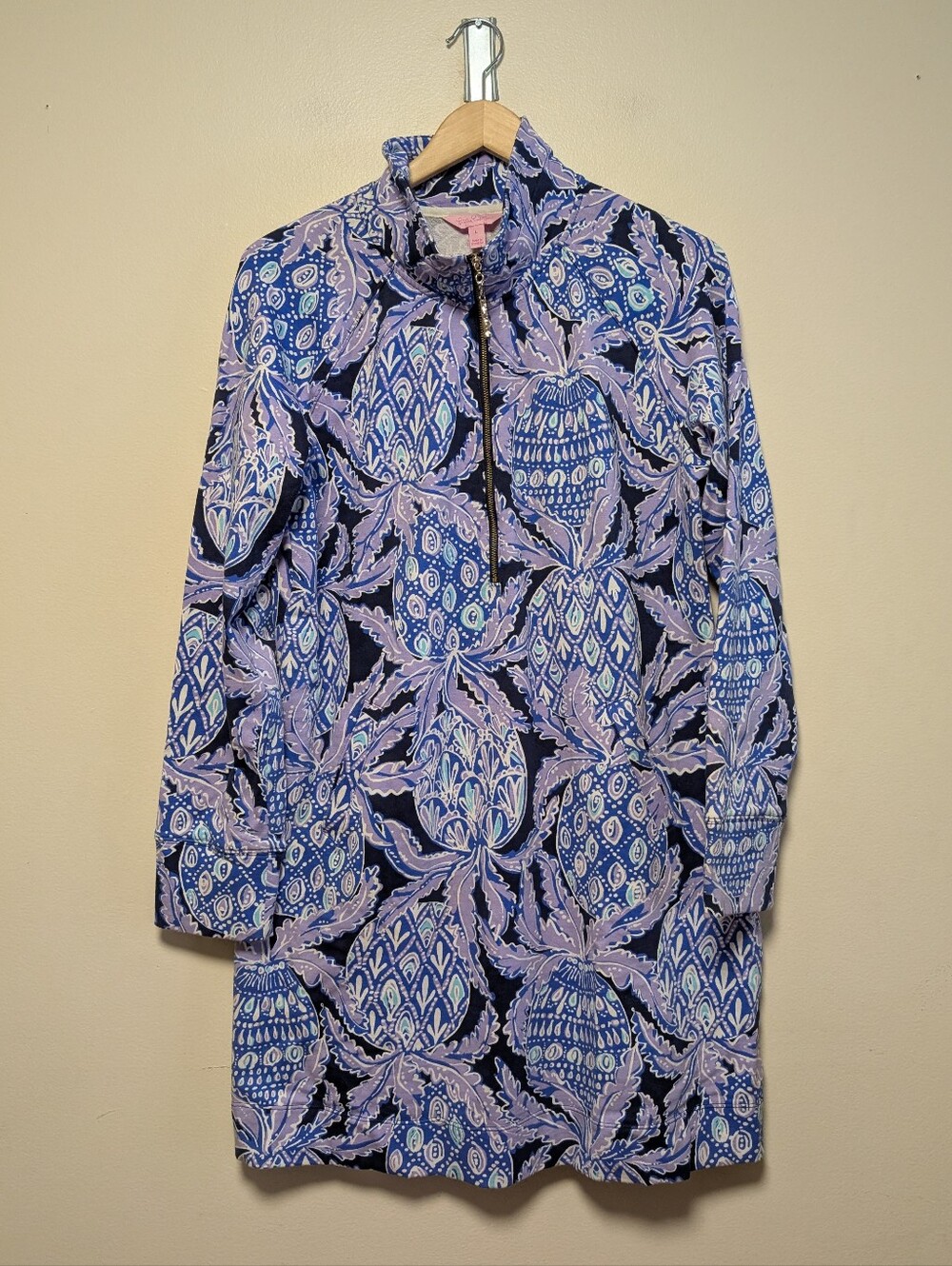 Lilly Pulitzer Blue Purple Pineapple Print Half Zip Dress Size L